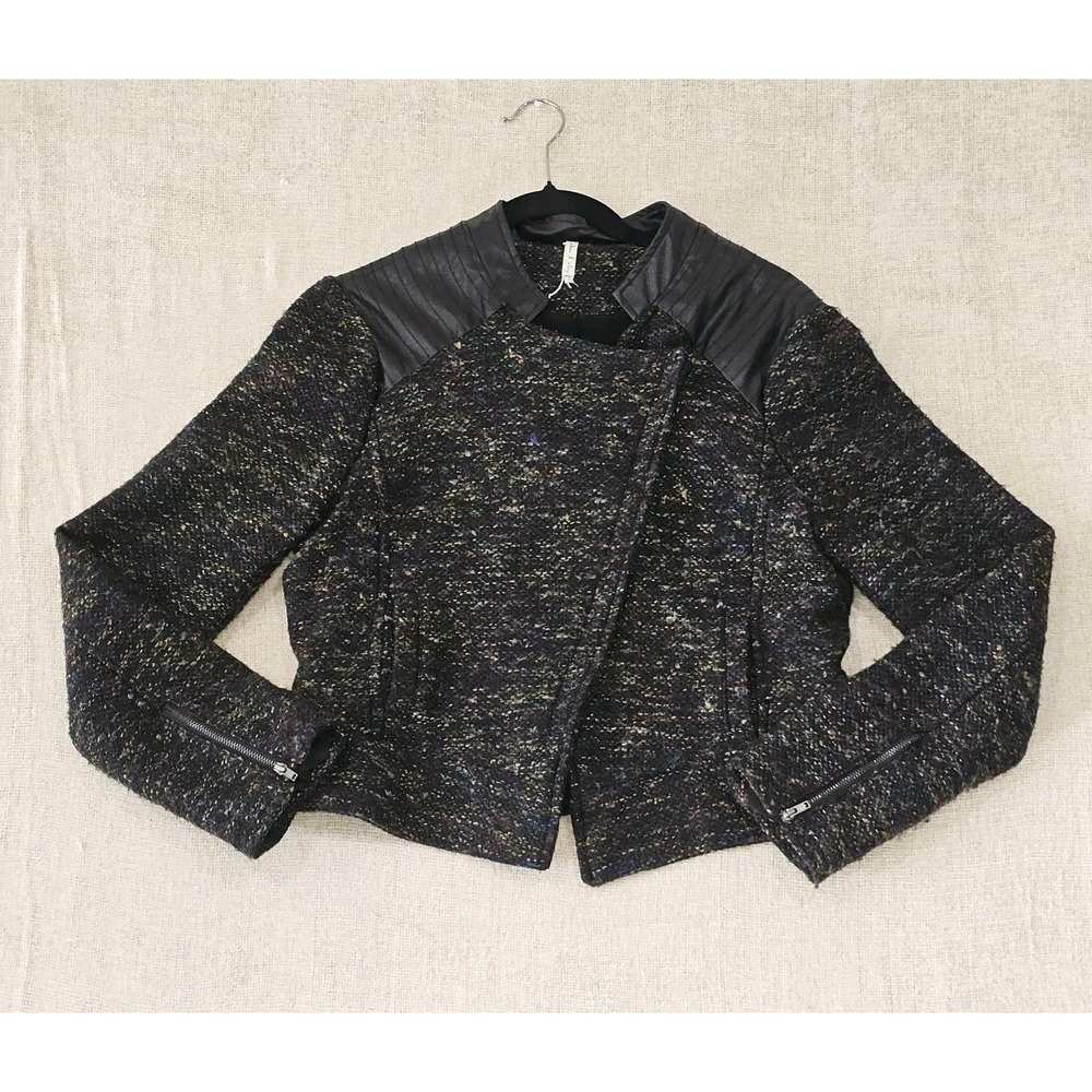 Willow & Clay Multicolored Tweed Asymmetrical Faux Leather Trim Jacket Women's L